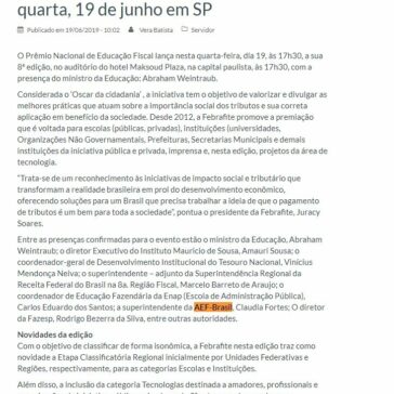 Febrafite – Lançamento do Prêmio Nacional de Educação Fiscal 2019 nesta quarta, 19 de junho em SP -Correio Braziliense