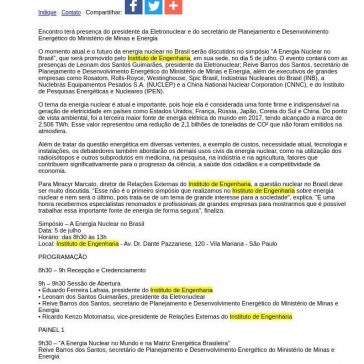 Situação da energia nuclear no Brasil é discutida em simpósio promovido pelo Instituto de Engenharia- JorNow