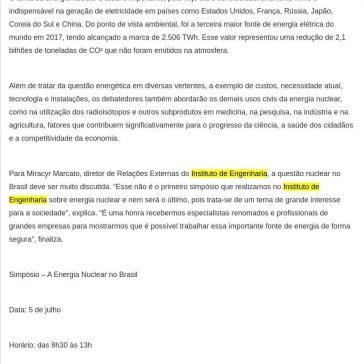 Situação da energia nuclear no Brasil é discutida em simpósio promovido pelo Instituto de Engenharia- Porto Gente