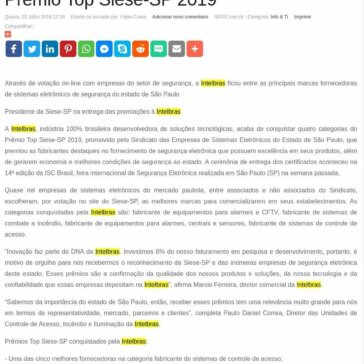 Intelbras é eleita em quatro categorias do Prêmio Top Siese-SP 2019 -SEGS