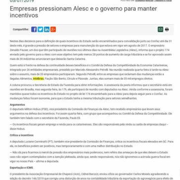 Empresas pressionam Alesc e o governo para manter incentivos -Portal Contábil SC