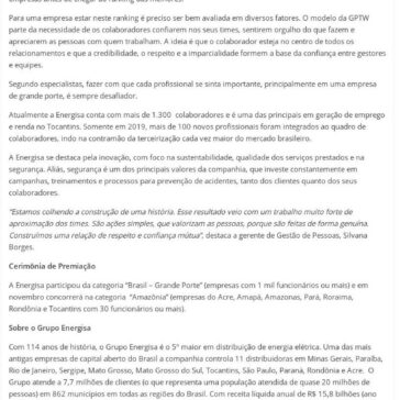 Energisa Tocantins fica na 65ª posição no ranking das melhores empresas para trabalhar no Brasil -Portal Gilda Bonfim