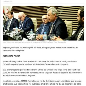 Jean Carlos Pejo é exonerado da Secretaria Nacional de Mobilidade e Serviços Urbanos- Diário do Transporte