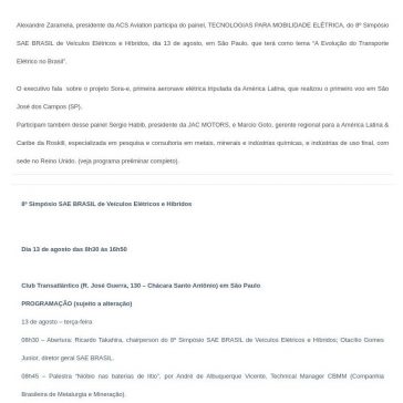 Avião elétrico vai ser apresentado no Simpósio SAE BRASIL VEH- Mais Influente