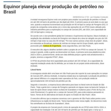 Equinor planeja elevar produção de petróleo no Brasil- Tribuna do Interior