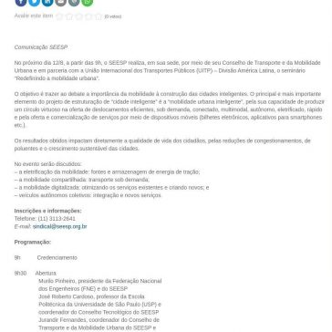 SEESP promove debate sobre cidades inteligentes e mobilidade urbana- SEESP