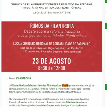 “RUMOS DA FILANTROPIA” DEBATERÁ REFLEXOS DA REFORMA TRIBUTÁRIA NAS ENTIDADES FILANTRÓPICAS -CAPTE-ME
