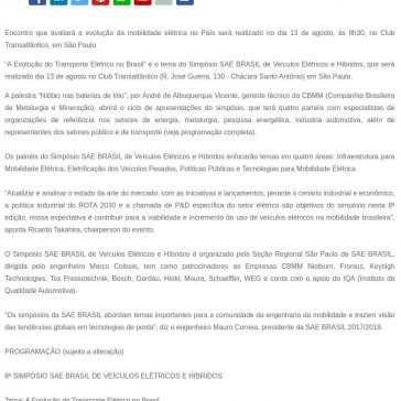 Simpósio SAE BRASIL de Veículos Elétricos e Híbridos começa nesta terça, 13 de agosto, em São Paulo- SEGS