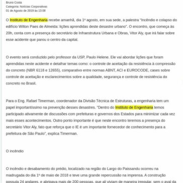 Instituto de Engenharia debate lições aprendidas no incêndio do edifício Wilton Paes de Almeida- Porto Gente