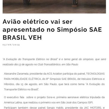 Avião elétrico vai ser apresentado no Simpósio SAE BRASIL VEH- Mais Santos