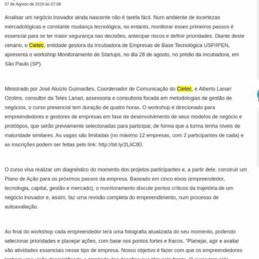 Cietec amplia para o mercado o workshop de monitoramento para startups- Porto Gente