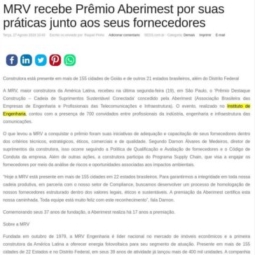 MRV recebe Prêmio Aberimest por suas práticas junto aos seus fornecedores- SEGS