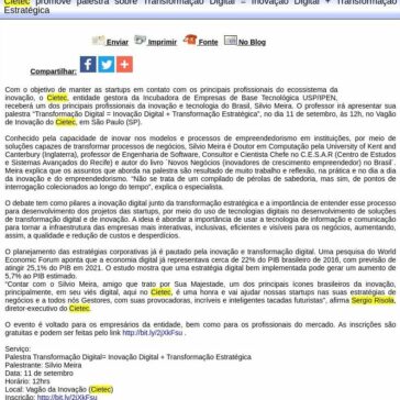 Cietec promove palestra sobre Transformação Digital = Inovação Digital + Transformação Estratégica- Difundir