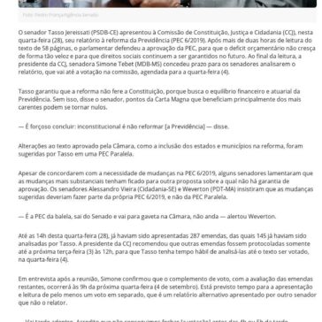 Relatório de Tasso à PEC da Previdência é lido na CCJ. Votação será 4 de setembro- CACB
