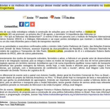 Hidrovias e os motivos do não avanço desse modal serão discutidos em seminário no Instituto de Engenharia- Difundir
