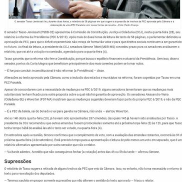 Relatório de Tasso à PEC da Previdência é lido na CCJ. Votação será 4 de setembro- Portal Contábil SC