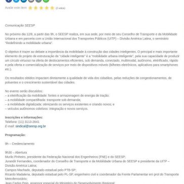 SEESP promove debate sobre cidades inteligentes e mobilidade urbana- SEESP