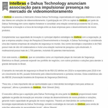 Intelbras e Dahua Technology anunciam associação para impulsionar presença no mercado de videomonitoramento -Fusões & Aquisições