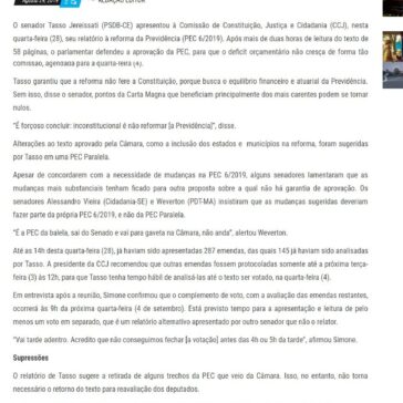 Relatório de Tasso à PEC da Previdência é lido na CCJ e votação será no dia 4 – Dourados Online