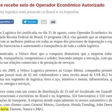 Veloce recebe selo de Operador Econômico Autorizado – Tecnologística