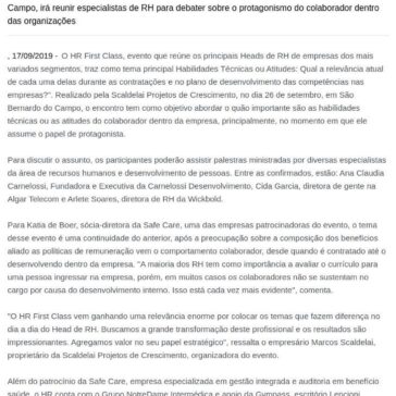 Habilidades técnicas e atitudes do colaborador dentro das empresas serão abordados em evento de RH- Carlino Souza