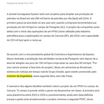 Equinor planeja elevar produção de petróleo no Brasil- DCI (On-line)