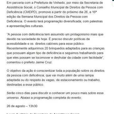 Prefeitura de Vinhedo promove 16ª Semana Municipal dos Direitos da Pessoa com Deficiência- Prefeitura de Vinhedo