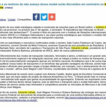Hidrovias e os motivos do não avanço desse modal serão discutidos em seminário no Instituto de Engenharia- JorNow
