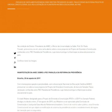 REITOR MANIFESTA-SE SOBRE A PEC PARALELA DA REFORMA DA PREVIDÊNCIA- Universidade La Salle