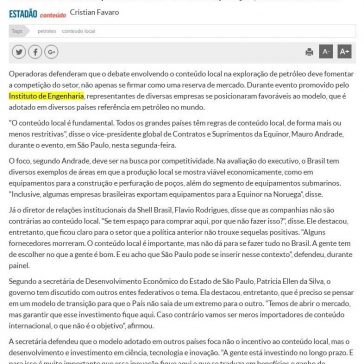 Conteúdo local em petróleo deve focar competição, dizem executivos- A Tarde (On-line)