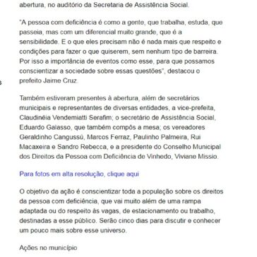 Prefeitura e Conselho iniciam ações da 16ª Semana Municipal dos Direitos da Pessoa com Deficiência- Prefeitura de Vinhedo