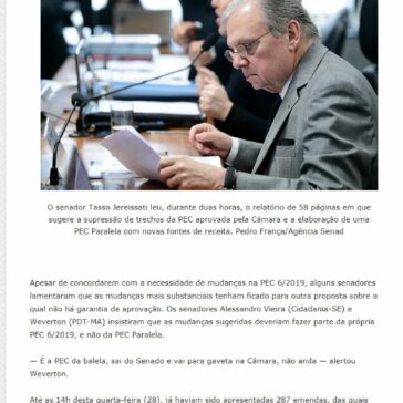 Relatório de Tasso à PEC da Previdência é lido na CCJ. Votação será 4 de setembro -Asmetro-SN