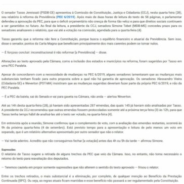 Relatório de Tasso à PEC da Previdência é lido na CCJ. Votação será 4 de setembro- CNC