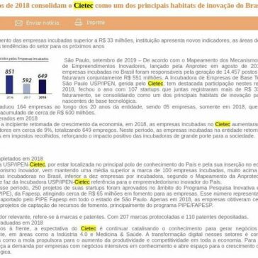 Resultados de 2018 consolidam o Cietec como um dos principais habitats de inovação do Brasil- Maxpress Net