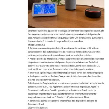 Amazon lança Alexa e dispositivos Echo no Brasil- G1 Notícias (Silva)