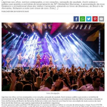 36ª Oktoberfest Blumenau chega ao fim superando expectativas de qualidade e segurança. Mais de 576 mil pessoas passaram pelos pavilhões nos 19 dias.- Blog do Jaime