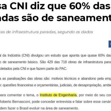 Pesquisa CNI diz que 60% das obras inacabadas são de saneamento- Muvuca Brasília
