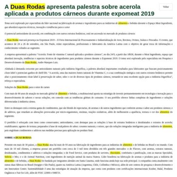 A Duas Rodas apresenta palestra sobre acerola aplicada a produtos cárneos durante expomeat 2019 – Aditivos & Ingredientes