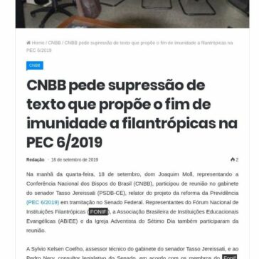 CNBB pede supressão de texto que propõe o fim de imunidade a filantrópicas na PEC 6/2019 – Rede Excelsior