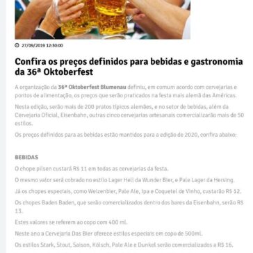 Confira os preços definidos para bebidas e gastronomia da 36ª Oktoberfest- Jornal de Blumenau
