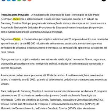 Cietec busca startups para Samsung Creative Startups- FAPESP PESQUISA
