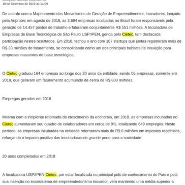 Resultados de 2018 consolidam o Cietec como um dos principais habitats de inovação do Brasil- Porto Gente