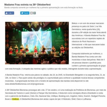 Madame Frau estreia na 36ª Oktoberfest Banda composta somente por mulheres faz a primeira apresentação com esta formação na festa-  Prefeitura de Blumenau/SC