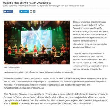 Madame Frau estreia na 36ª Oktoberfest Banda composta somente por mulheres faz a primeira apresentação com esta formação na festa – Prefeitura de Blumenau/SC