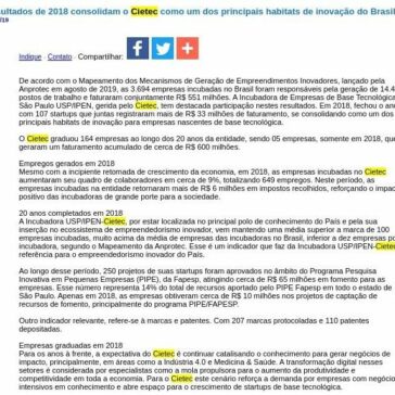 Resultados de 2018 consolidam o Cietec como um dos principais habitats de inovação do Brasil- JorNow