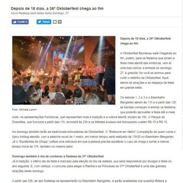 Depois de 18 dias, a 36ª Oktoberfest chega ao fimNova Realeza será eleita neste domingo, 27 – Prefeitura de Blumenau/SC