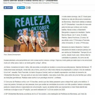 Sasha Benner Bauer é eleita rainha da 37ª OktoberfestGiane Prochnow é a nova 1ª Princesa e Franciele Aline Schwanke 2ª Princesa- Prefeitura de Blumenau/SC