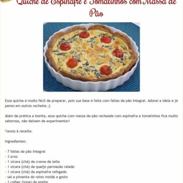 Quiche de Espinafre e Tomatinhos com Massa de Pão- Na Biroskinha