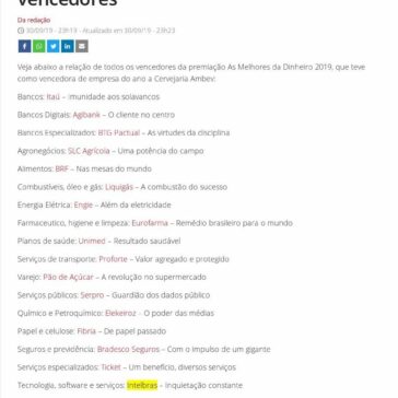 As Melhores da Dinheiro 2019: todos os vencedores- Isto É Dinheiro (On-line)