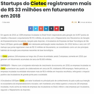 Startups do Cietec registraram mais de R$ 33 milhões em faturamento em 2018- IPESI